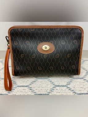 DIOR Vintage Iconic Honeycomb Monogram Brown Coated Canvas Wristlet Clutch Bag